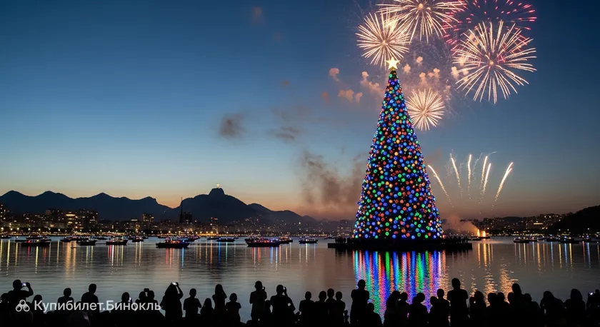 Зажжение плавучей рождественской елки на озере Лагоа