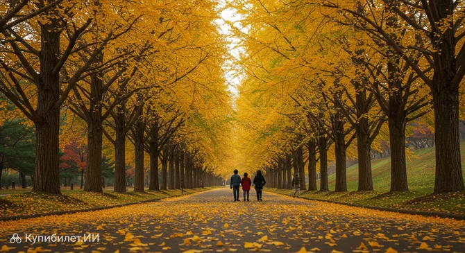 Аллея гинкго вдоль реки Гоккёчхон в Асане