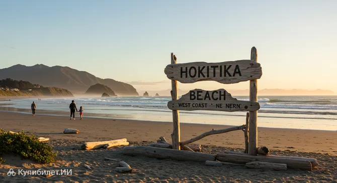 Знак на пляже Хокитика